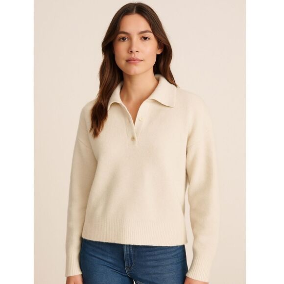 Abercrombie & Fitch Cream Soft A&F Collared V Neck Pullover Light Sweater Polo - Picture 1 of 8